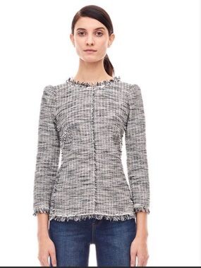 Rebecca Taylor Black & White Tweed Fringe Jacket Top
